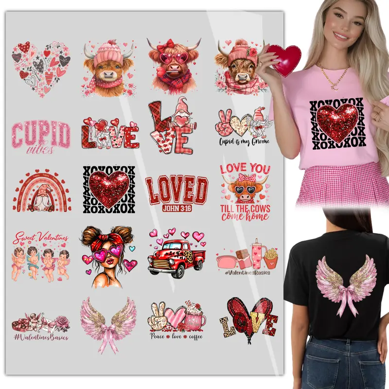 20Pcs Love Iron DTF Transfers - Ready to Press Appliques for Valentine's Day, Washable, Vintage Print, Ideal for T-Shirts, Hoodies, and More