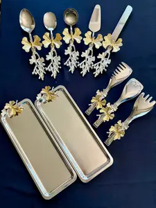 Elegant Luxury Silver & Gold 10-Piece Serving Set with Hibiscus Floral Handles for Dining Goals & Gift Ideas Tableware Cake Fork Spoon Cutlery Parties Weddings