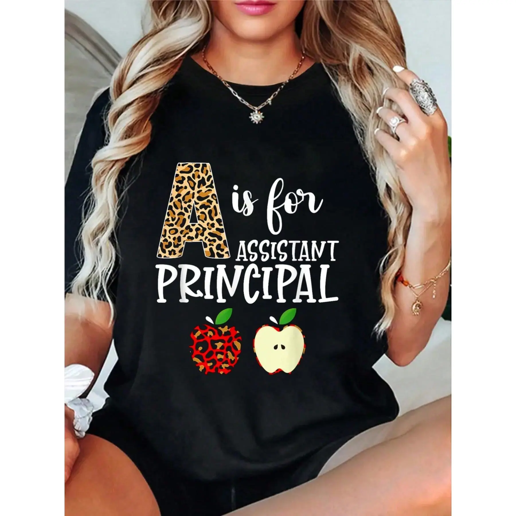 Women's 100% Cotton Round Neck Shortsleeve Graphic T-Shirt - Assistant Principal A Theme, Knitted Fabric, Soft, Breathable, Loose Fit, Flower Accent, Casual Daily Streetwear Top, Tshirt