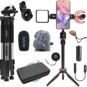 Movo iVlog1 Vlogging Kit for iPhone with Fullsize Tripod - Lightning Compatible Vlog Kit - Shotgun Mic, Tripods, LED Light, Wide-Angle Lens