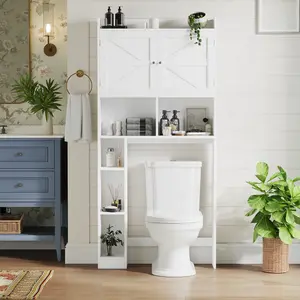 White Over-The-Toilet Storage Cabinet, Bathroom Space Saver with Double Doors, Open Shelves and Adjustable Shelf, Freestanding Bathroom Organizer Supplies, Furniture for Apartment