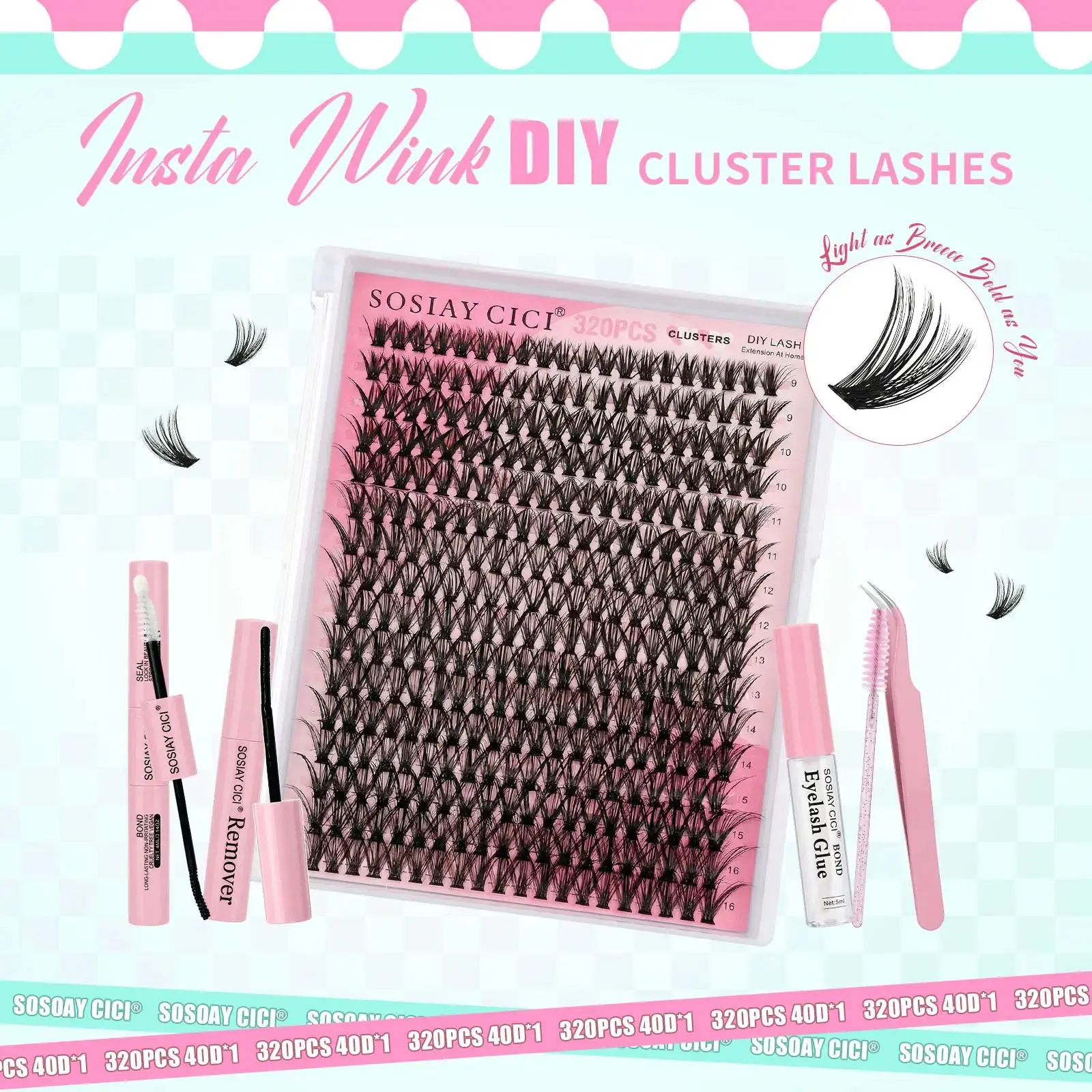SOSOAY CICI Insta Wink Cosmetic Lash Clusters Kit, 320PCS 40D 9-16mm Mixed Length DIY Makeup Eyelash Extensions with All Tools, Waterproof, Sweatproof, Lightweight, Long Lasting, Beginner Friendly for Daily Looks, Salon, Clustered, Kit Set, Ultra-Lightwei