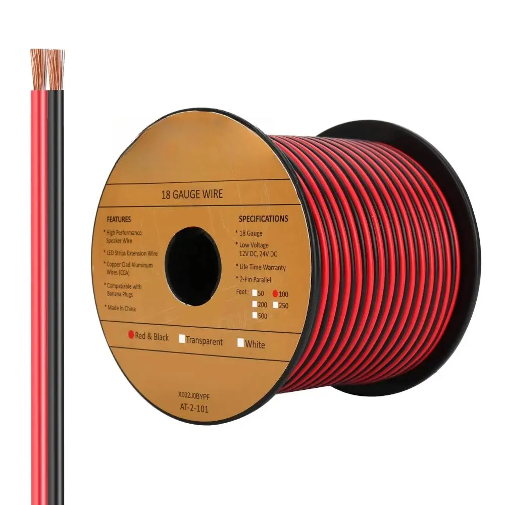 100FT 18/2 Gauge Red Black  Hookup Electrical Wire, 18AWG 2 Conductor 2 Color Flexible Parallel Zip Wire LED Strips Extension Cord 12V/24V DC  for LED Ribbon Lamp Tape Lighting