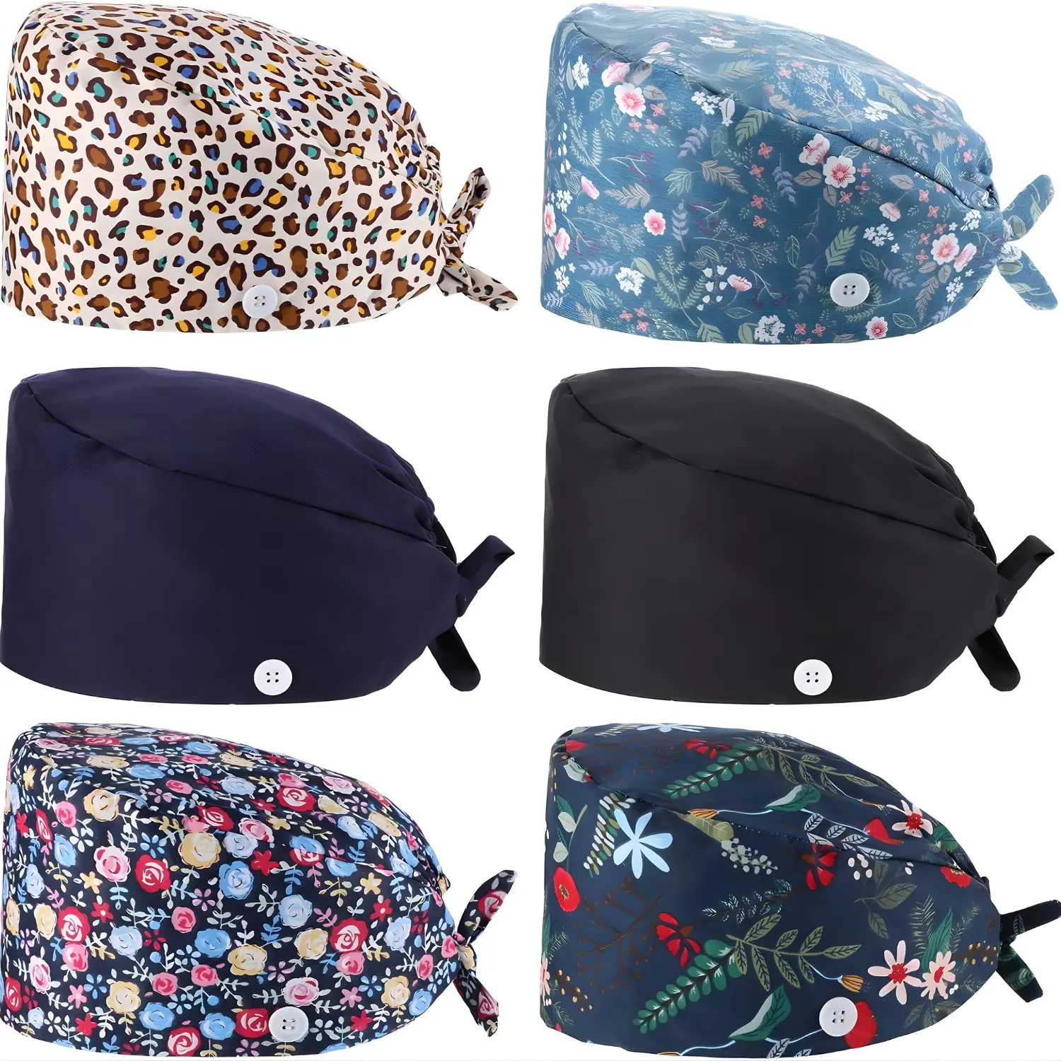 6 Pack 100% Cotton Bouffant Scrub Caps Surgical Working Hats with Buttons and Sweatband Adjustable Tie Back Nurse Caps for Men and Women