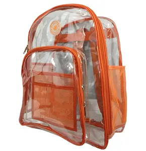 212 MAIN Harvest LM213 Orange Deluxe 17 in. See-Through 0.5 mm PVC Vinyl Functional Backpack with Dual Plastic Zippers, Organized Pockets, Mesh Pockets, Multi-Use & Portable Design, Functional Backpacks, Mesh Pockets Backpacks