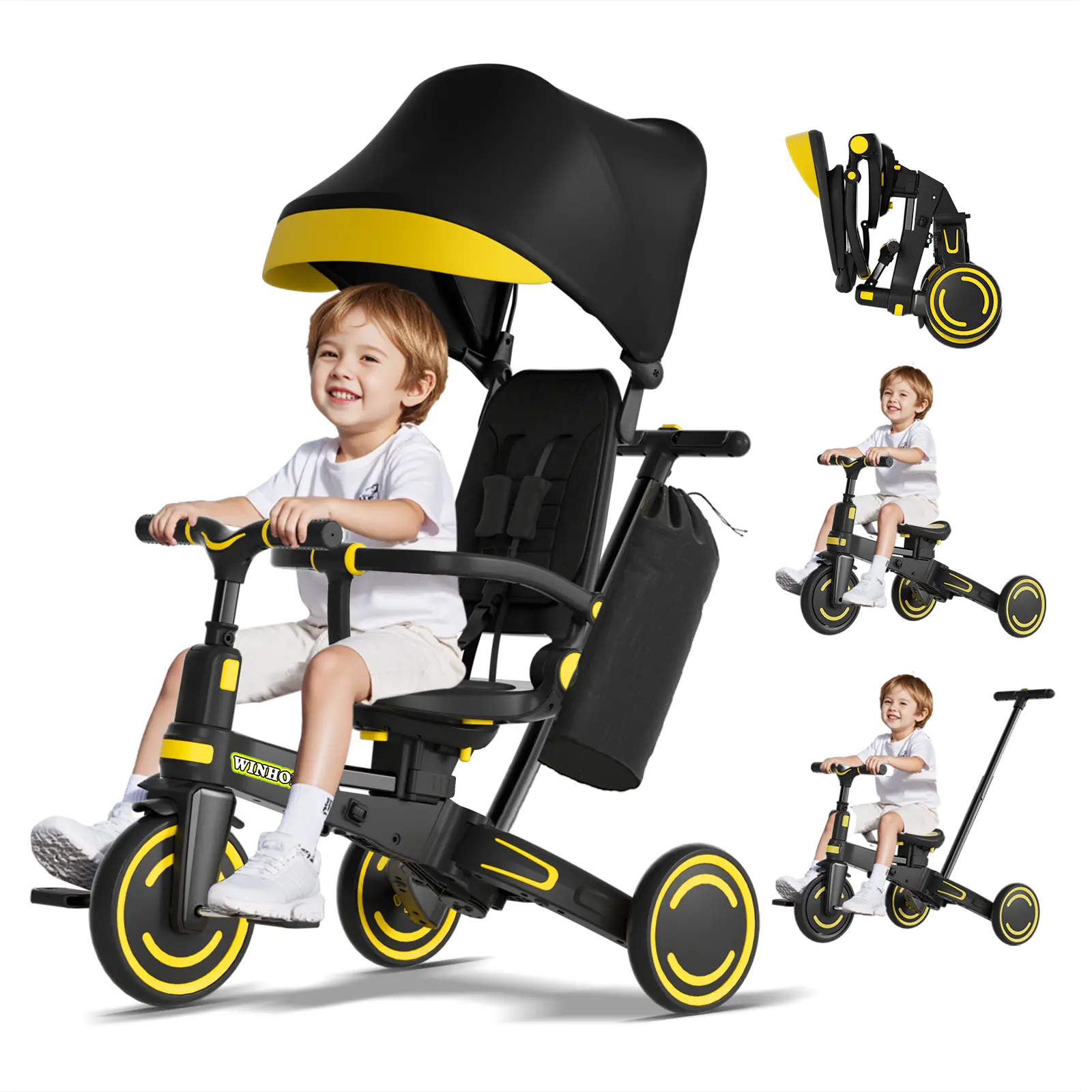WINHOPE 9-in-1 Toddler Tricycle for 1-6 Years Olds - Anti-tip Frame, Easy Folding Design, PU Shock-Absorbing Wheels, Push Pull Portable Foldable Stroller for Babies and Toddlers, Strollers For Babies And Toddlers