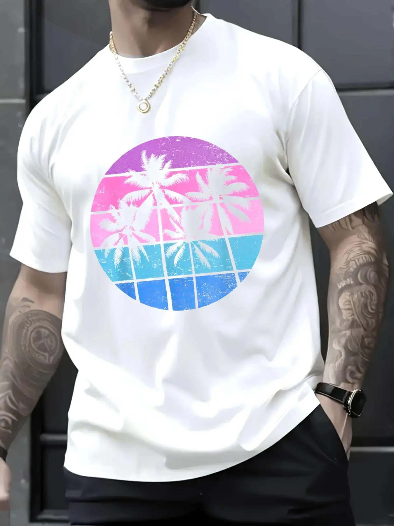 Menswear 100% Cotton Round Neck Short-Sleeve Loose Casual T-Shirt for Men, Hawaiian Beach Tropical Vacation Style, Shortsleeve, Tops