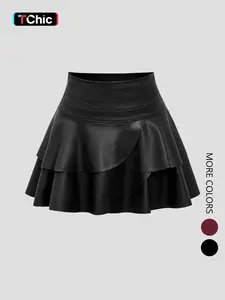 Women's solid color faux leather asymmetrical layered skirt, elegant, fashionable and casual high-waisted short skirt, suitable for everyday outdoor wear, a women's bottom suitable for all seasons.