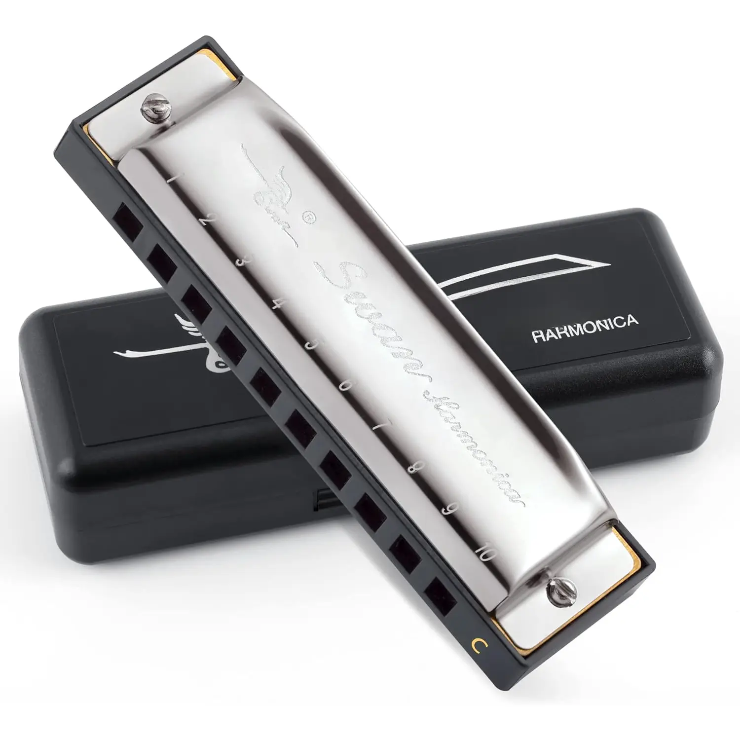 10-Hole Diatonic C Key Blues Harmonica - Stainless Steel Cover Feels Premium, Steadier Airflow, Metal Look, Musical Instrument for Beginners, Mini Harmonica General Music-Making Accessory with Case, Musical Instruments, Mini Harmonica General Music-Making