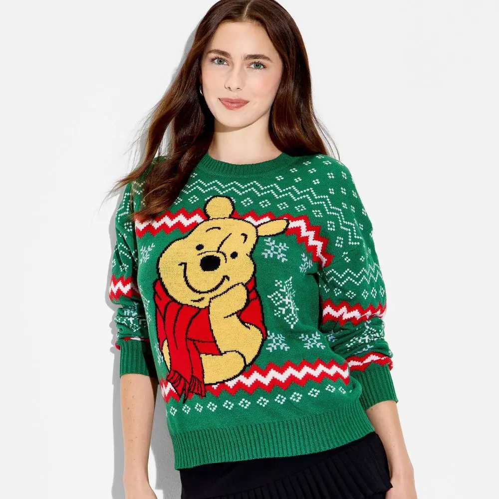 Women's Winnie the Pooh Festive Graphic Knitwear Sweater - Polyester Fabric Garment with Stylish Design