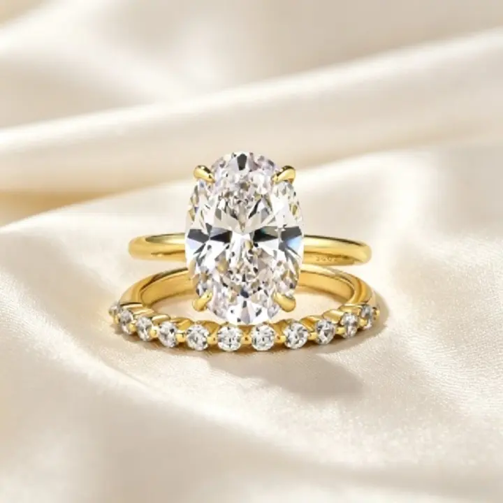 Gold-Plated Oval-Cut 5A Grade Cubic Zirconia Engagement Ring Set, Warm Yellow Tone Bridal Jewelry, Fashion Engagement Rings, Festive & Party Gift, Cubic Zirconia Rings