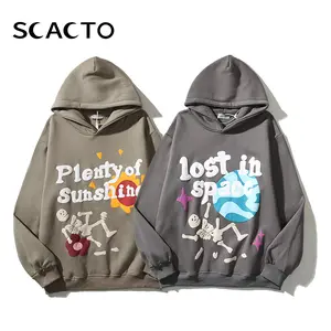 Scacto Skull Halloween Print Hoodie Graffiti Foam Letter Long Sleeve Fleece Lined Cotton Blend Loose Fit Hooded Sweater for Daily Wear