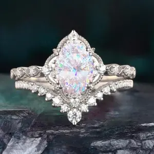 Women's Lace Crown Design Ring Stack - Oval Synthetic Opal & Cubic Zirconia His-Hers Engagement Wedding Bands, Elegant Glittering Costume Jewelry, Engagement Gift Ideas for Special Occasions