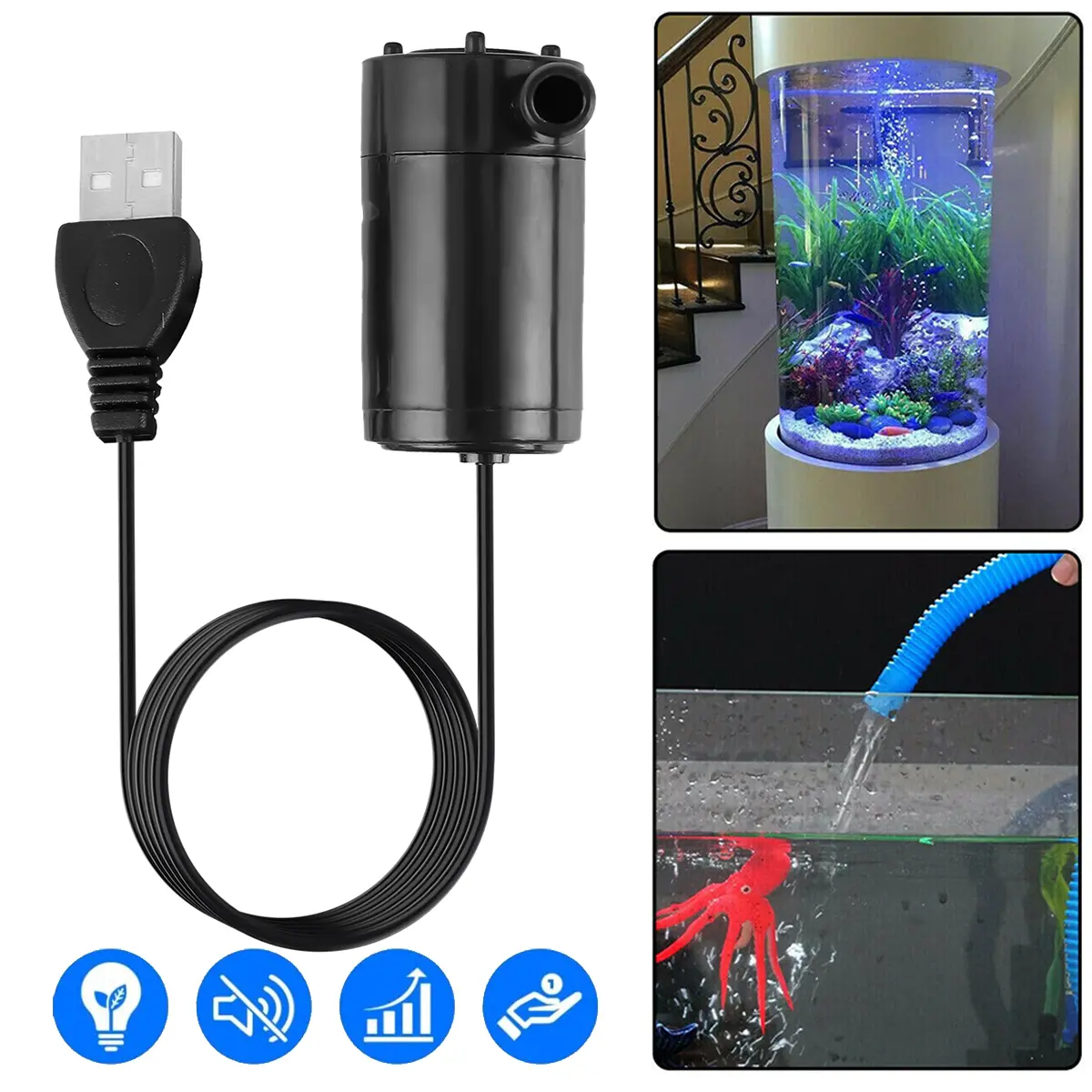 Mini Ultra-Quiet Submersible Water Pump - USB 5V Powered, 1M Cable Efficient Pump, Easy Setup Aquarium Supplies for Small Fish Tanks, Tabletop Fountains