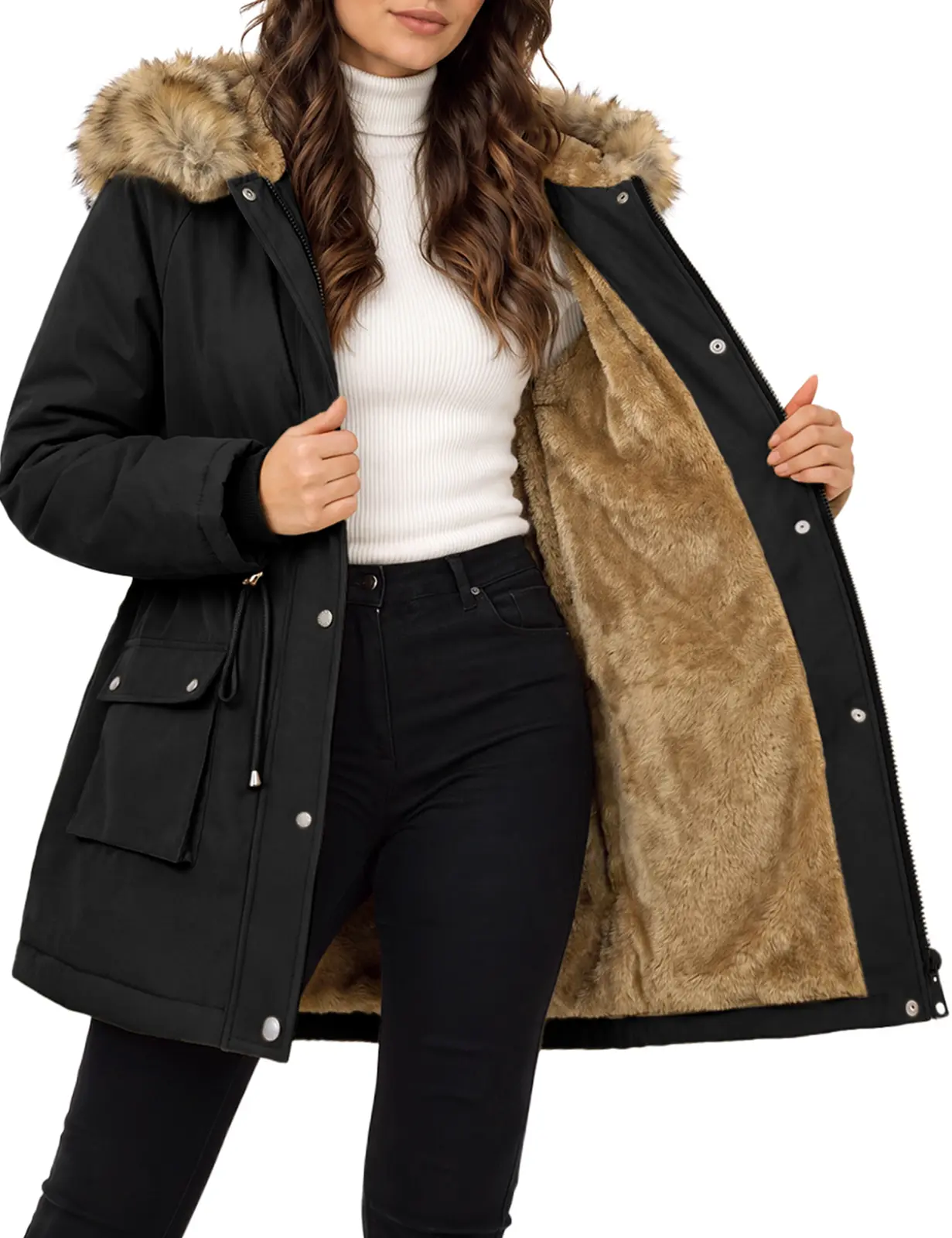 FASHORA Women's Winter Parka Coat with Faux Fur Hood, Long Sleeve Jacket with Adjustable Drawstring Waist and Front Pockets Fit Womenswear
