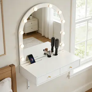 Floating Makeup Vanity Desk with Mirror & 3-Color Lights, Wall Dressing Table with Power Outlet, Compact vanity, Large Storage, White