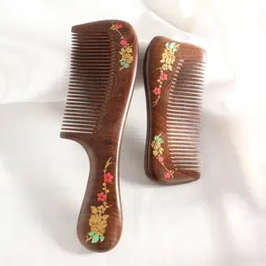 Natural Sandalwood Hair Comb, Anti-Static Fine Tooth Brush, Vintage Hand-Painted Design, Women's Beauty Tool, Home Use & Travel Essential, Wooden Comb