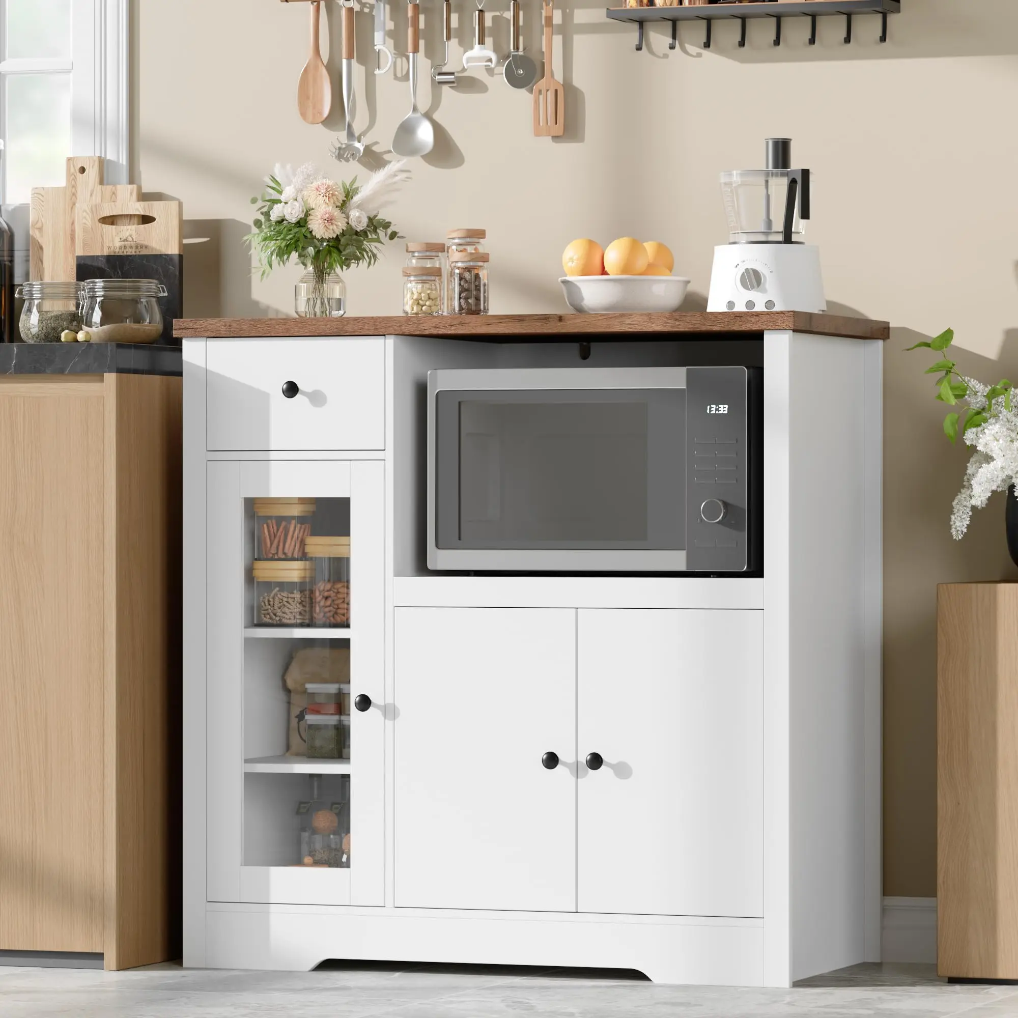 Kitchen Microwave Cabinets with Storage, Buffet Cabinet Sideboard with 3 Doors,1 Drawer and Adjustable Shelves, Pantry Storage Cabinet