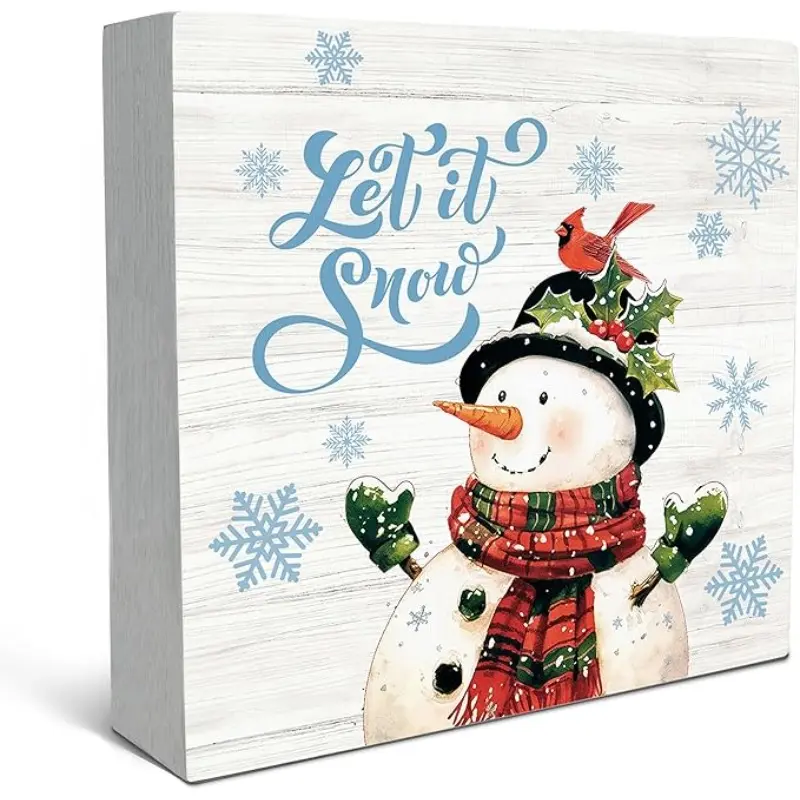 Snowman Christmas Wood Box Sign Desk Decor, Snowman Christmas Decorations, Let It Snow Winter Snowflake Xmas Theme Wooden Block Box Sign Decoration for Home Room Bedroom Shelf Table,5x5 inch