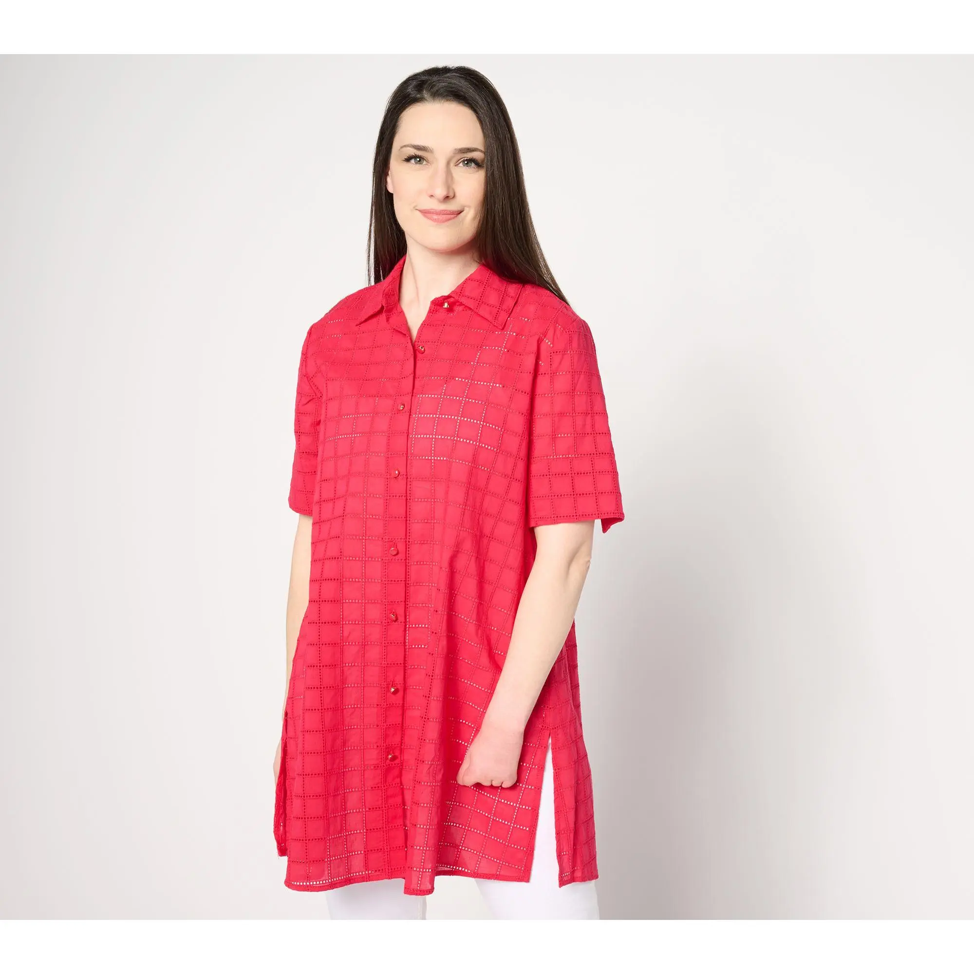 Dennis Basso Cotton Button-Front Eyelet Duster Top, Long-Sleeves Shirt with Versatile Style