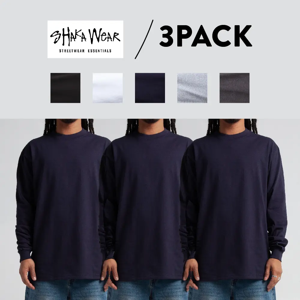 3 Pack SHAKAWEAR Men's Max Heavyweight LONG Sleeve T Shirts CasualShaka Wear Long Sleeves Shirt Work Warm Heavy Casual Hip Hop Cotton Tee (S to 5XLT)