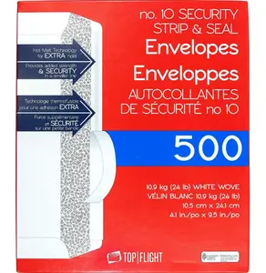Top Flight PSTF10NWT #10 Envelopes, Strip & Seal, Security Tinted, White Paper, 24 lb, 500 Count