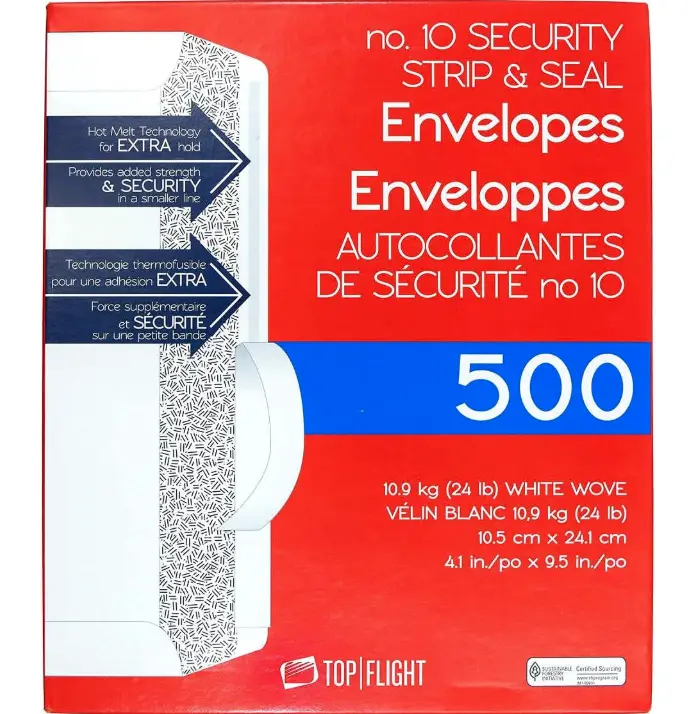 Top Flight PSTF10NWT #10 Envelopes, Strip & Seal, Security Tinted, White Paper, 24 lb, 500 Count