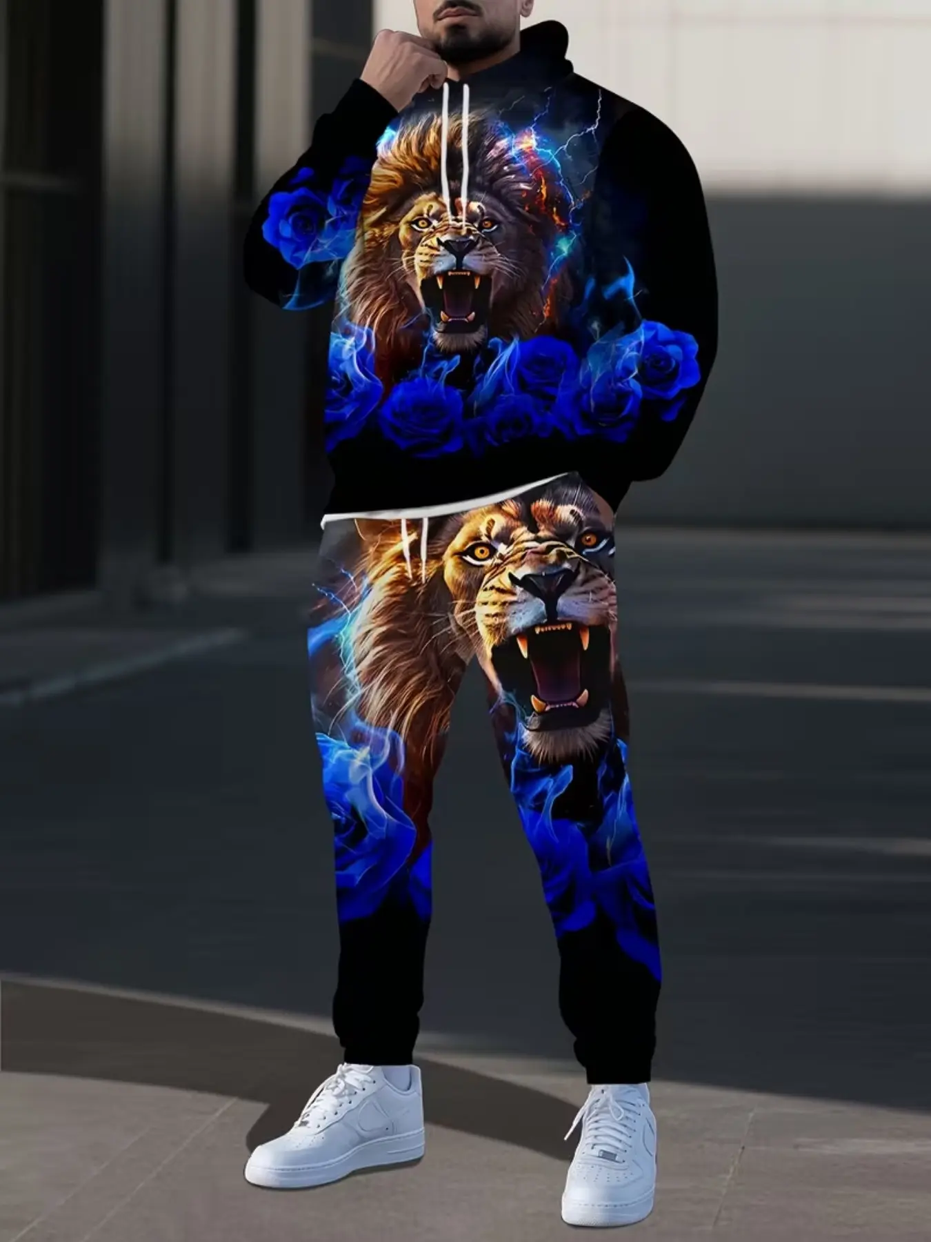 Men's Gradient Blue Animal Print Hoodie Sweatsuit Set, Long Sleeve Sporty Fitted Top & Ankle-Length Pants, Fall Winter Casual Menswear, Hooded Animal Pattern Sportswear Set