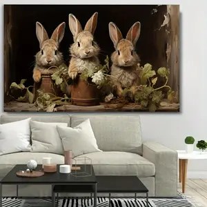 1pc Bohemian Style Floral Easter Bunny Canvas Wall Art Print - Pine Wood Framed, Artistic Flower Decoration with Bohemian Vibe, Ready to Hang, Perfect for Bedroom & Living Room Decor, Thoughtful Easter Gift