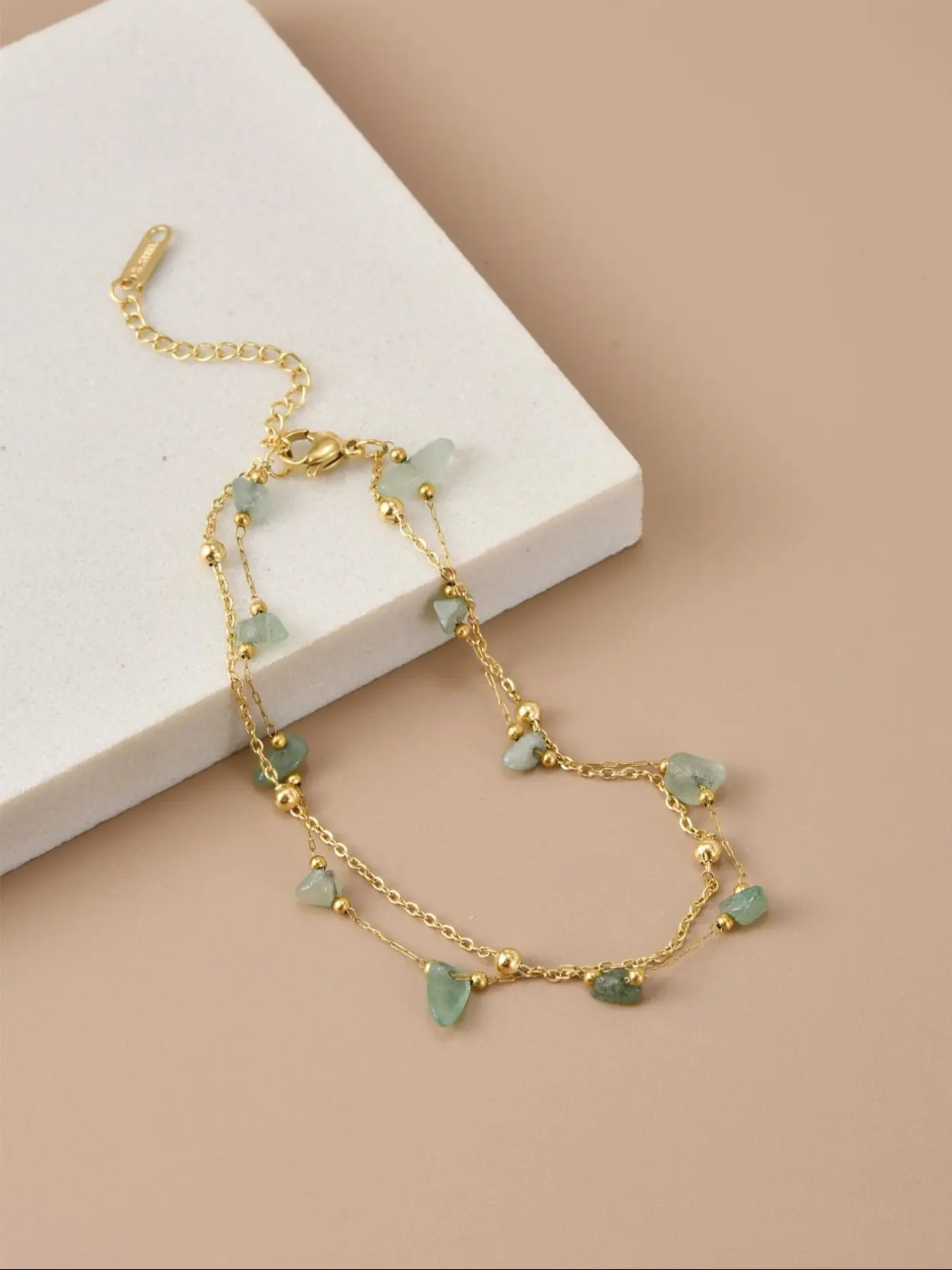 1 stylish green natural stone double-layer stainless steel women's anklet Dual Layered Dainty Layered Anklet Fashionable Jewelry Accessories Fashionable Accessory