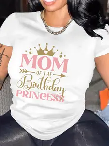 Women'S T-Shirt Featuring A Printed Design Of A Letter And Crown For A Birthday Princess, Perfect For Casual Wear In Spring And Summer With A Easy Round Neck And Short Sleeves