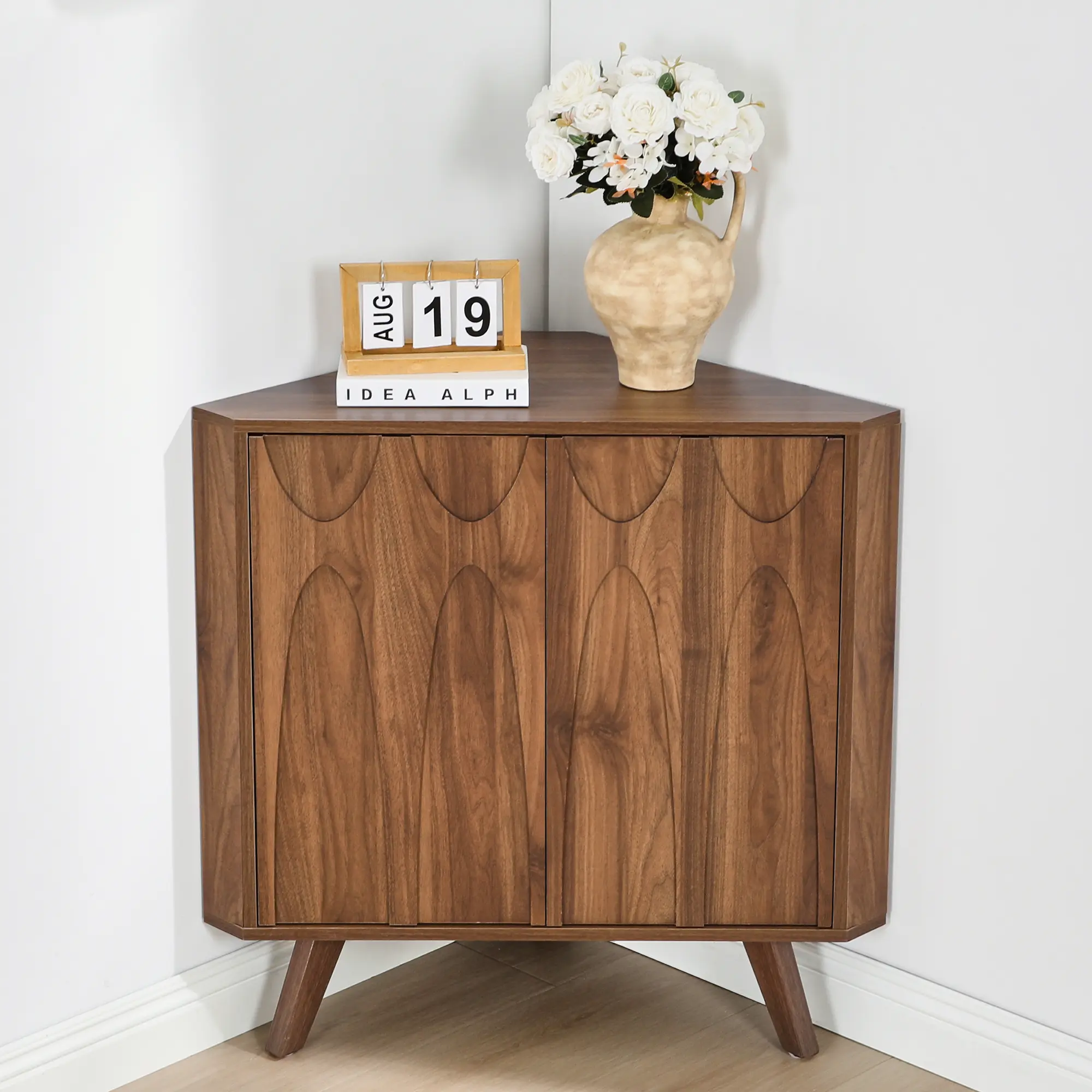 FurSch Corner Cabinet with Adjustable Shelf & Doors – Retro Walnut Storage Sideboard with Geometric Design & Space-Saving Triangle Shape for Living Room, Entryway, or Bedroom, Mid-Century Modern Style