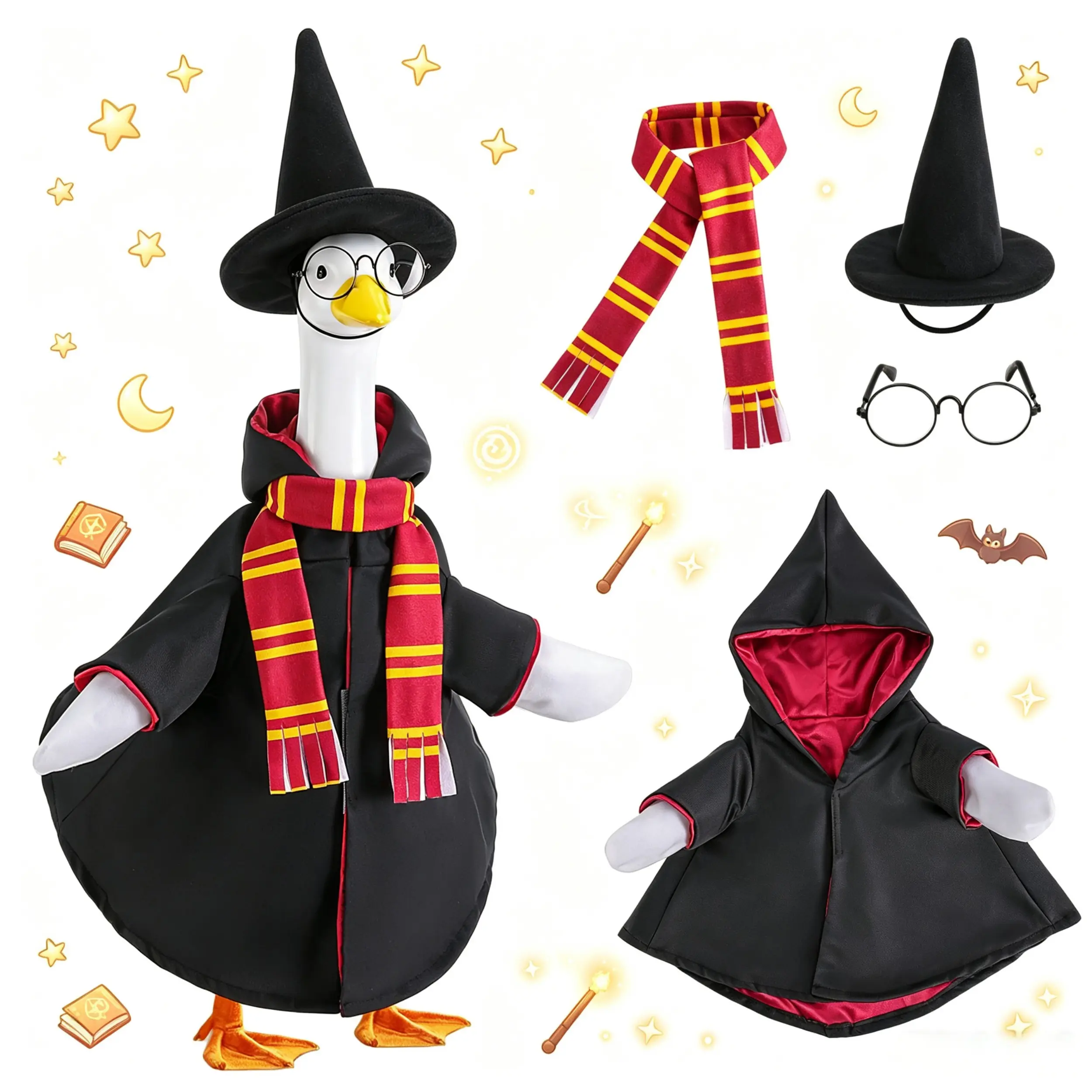 17/23 Inch Wizard Porch Goose Costume, Magic Hooded Robe, Hat, Scarf & Glasses Outfit for Porch Goose Figurine, Seasonal Outdoor Yard Decoration, Goose Not Included