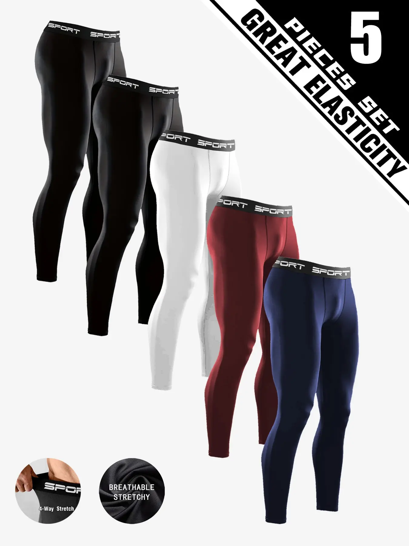 5-Pack Men's Athletic Pants, Quick-Dry Breathable Running Pants, High-Stretch Polyester Spandex Training Pants, Gym Sportswear Bottoms, Suitable for Gym Workouts, Running, Everyday Casual Active Wear, Activewear Bottoms