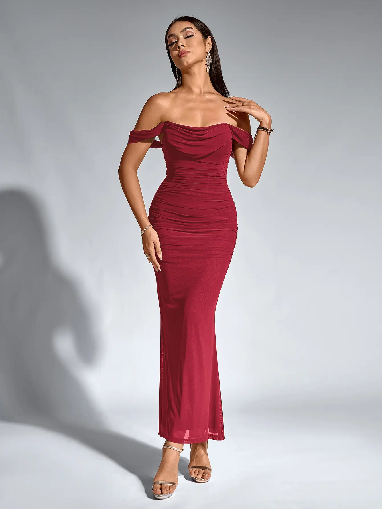 Parthea Cold Shoulder Ruched Mesh Mermaid Hem Bodycon Dress,Elegant Party and Formal WearHip Tight Dress