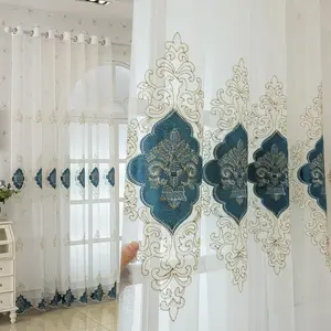 1pc Luxurious Baroque Embroidered Sheer Curtain, Blue, Decorative Floral Pattern, Elegant Style for Living Room Bedroom Villa