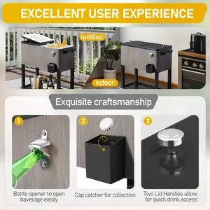 80 Quart Rolling Cooler Cart with Wheels Wood Grain Gray Outdoor Beverage Chest for Backyard Deck Patio Portable Party Bar