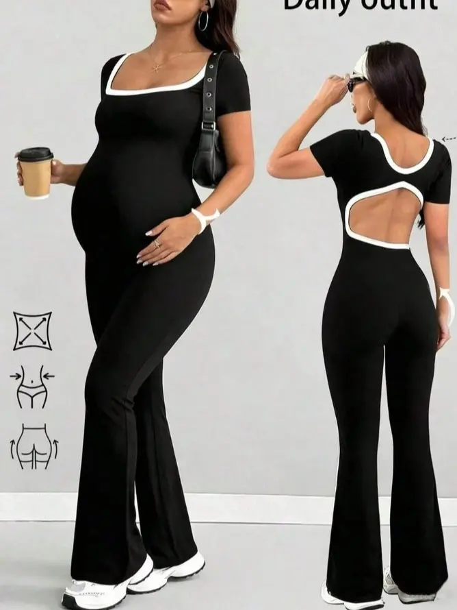 MAGICMOM Maternity Jumpsuit, Comfortable Short Sleeve Casual Jumpsuit, Suitable For All Seasons, Fashionable Athleisure, Suitable For Dates, Daily Wear, And Home Wear Black Summer