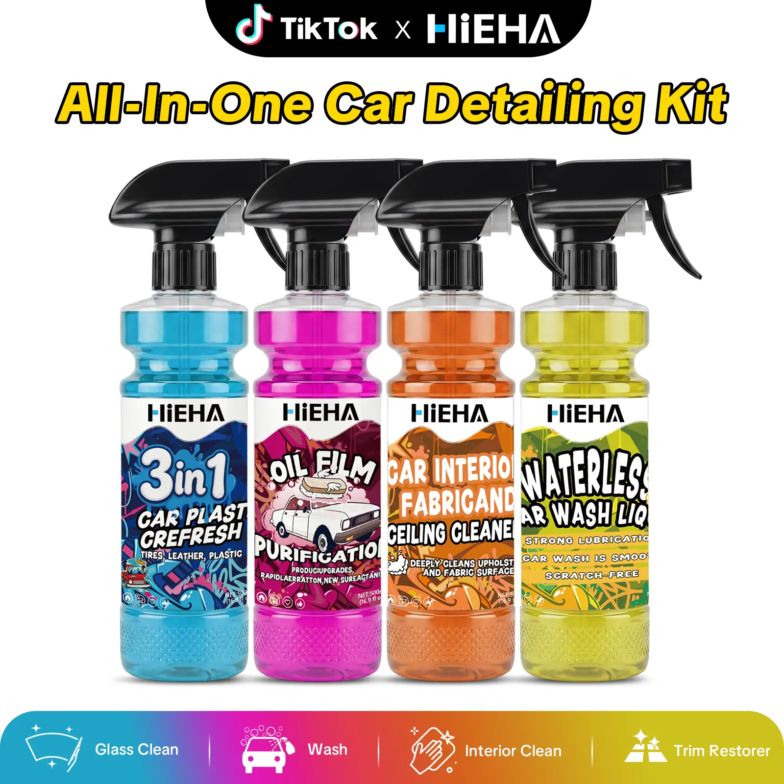HiEHA Multi-Use Car Care Liquid, Oil Film Remover / Interior Cleaner / Waterless Wash / Trim Restorer, Deep Cleaning & Shine Restoration for Cars, Trucks & SUVs