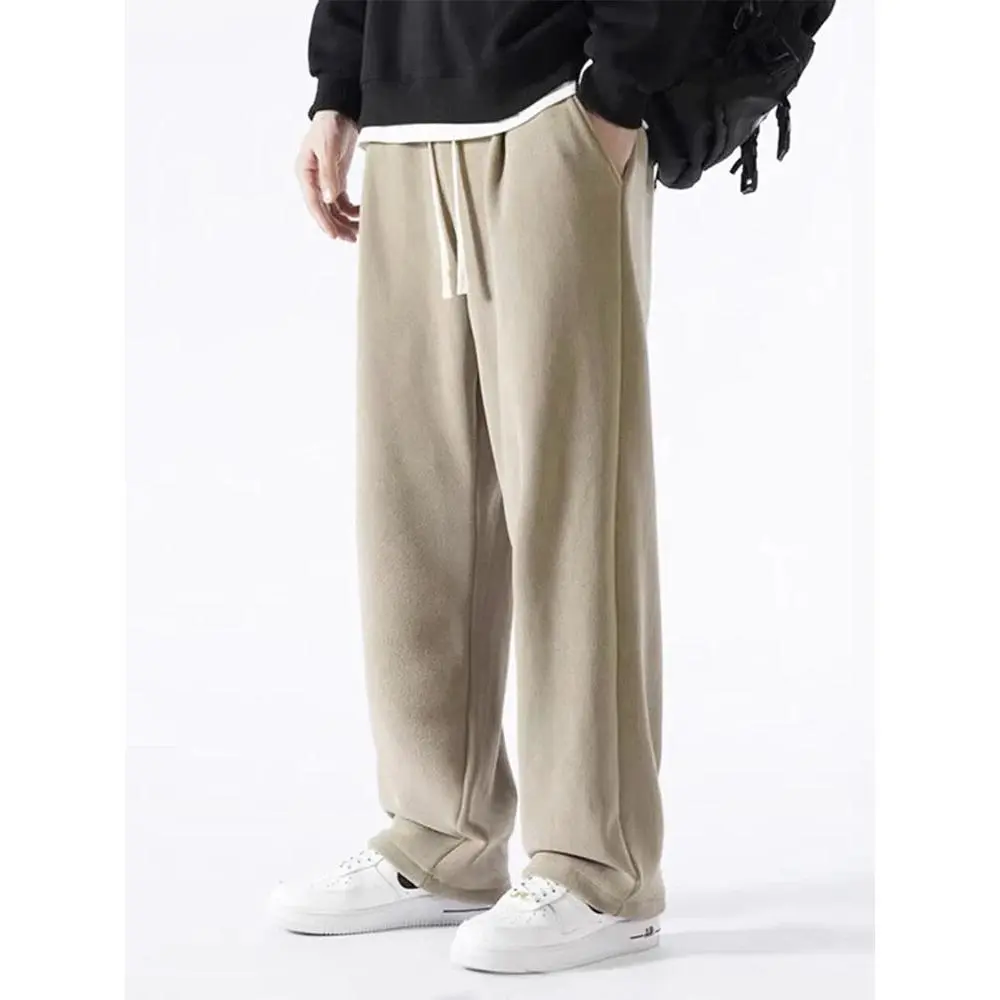 Winter Men's Sweatpants Korean Fashion Thick Warm Fleece Wide Leg Straight Loose Track Pants Male Casual Thermal Velvet Trousers