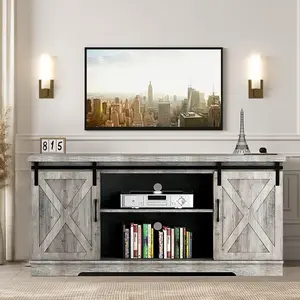 【Christmas Gift】Grey TV Stand for 65 Inch Media Console Table with Barn Door Storage, Open Storage, and Adjustable Shelves, Modern Design for Living Room