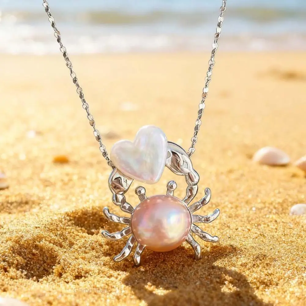 Hypoallergenic Sterling Silver Crab-Heart Pearl Pendant Whimsical Necklace, Sports & Outdoor Protective Accessory, Ideal Gift for Cancer Zodiac Sign Beach Lovers, Jewelry, Heart Shaped Necklace, Birthday, Elegant, Nickel-Free, Gift Ready, Ocean Vibes, Pla