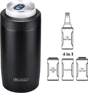 4-in-1 Skinny Can Cooler Double Wall Stainless Steel Insulated Can Holder, Works With 12 Oz Slim Can,Standard Cans,Beer Bottles & As Pint Cups(Black)