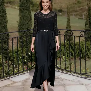 Black Lace Women's Cocktail Dresses, Long Sleeve Autumn Wedding Guest Dress for Banquets, Parties, and Vacations LE-LQ218