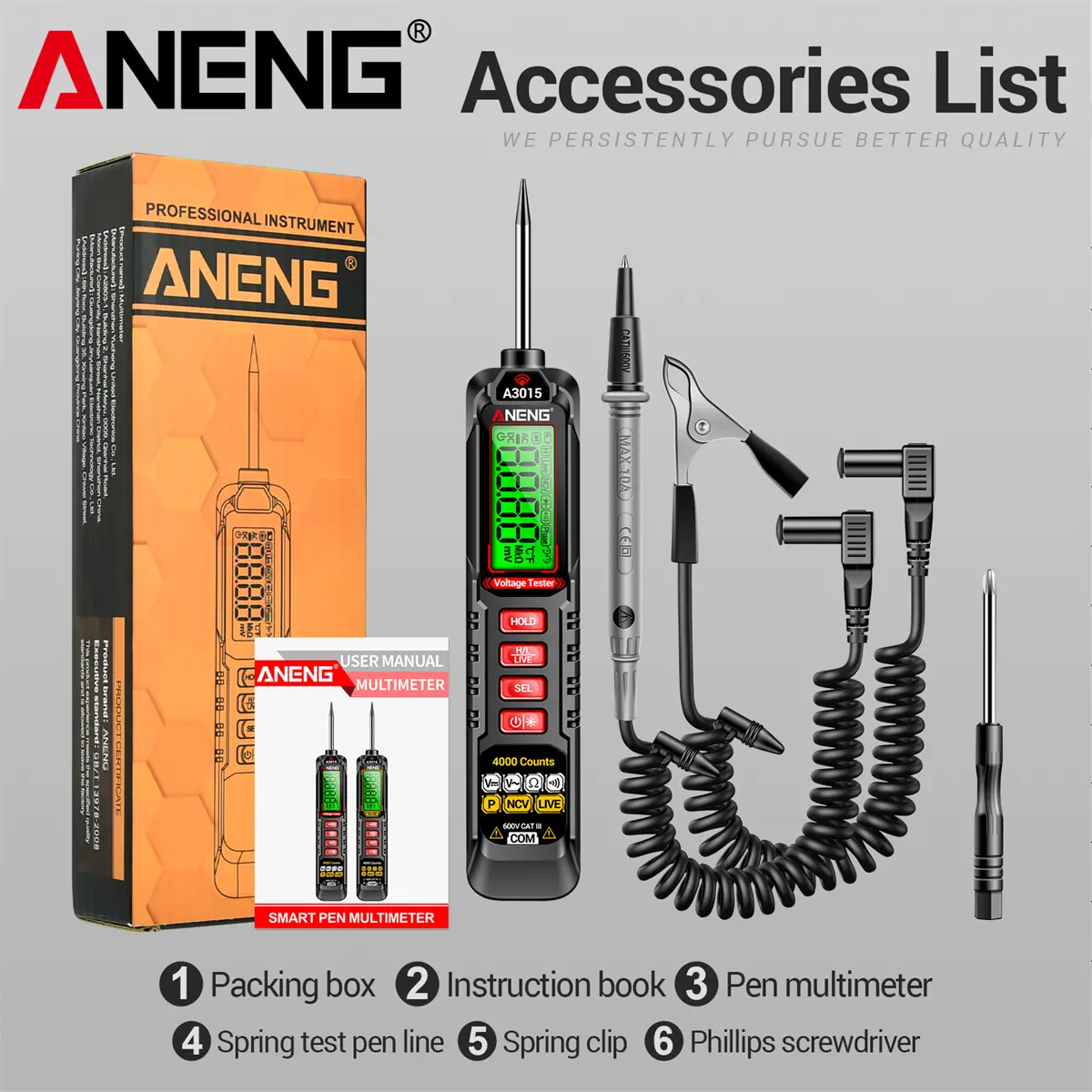 ANENG A3015 Digital Multimeter Pen Handle Probes - Voltage Tester with Passive Capacitance, NCV, Phase Sequence, AC/DC Voltage, Resistance, Continuity Testing, Built-in Torch, Automatic Shut-off for DIY Enthusiasts, Automotive Repair Pros