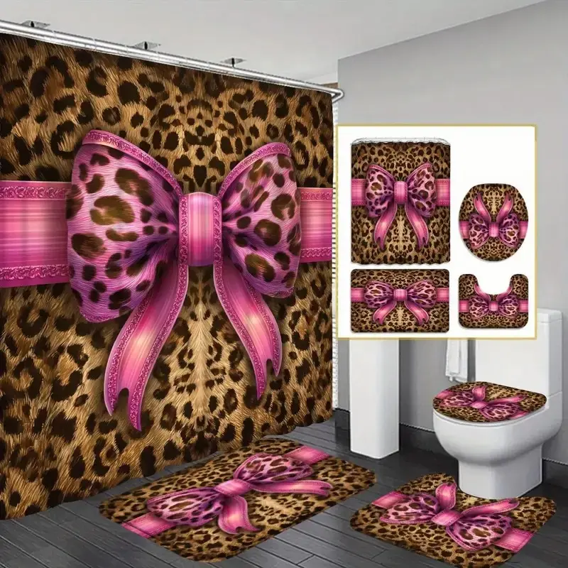 1/4 pcs leopard print and pink bow design, shower curtain set, non-slip mat, U-shaped rug, toilet seat cover, perfect for bathroom décor, includes 12 shower curtain hooks, Bathroom Decoration Accessories, Bathroom Supplies, Restroom Bathroom Accessories