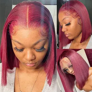 YESWIGS 99J Burgundy 13X4 HD Transparent Bob Lace Front Wigs Human Hair 99J HD Lace Frontal Wig Human Hair Wear and Go Glueless Bob Wig Human Hair Pre Plucked with Baby Hair Short Bob Style Colored Wigs