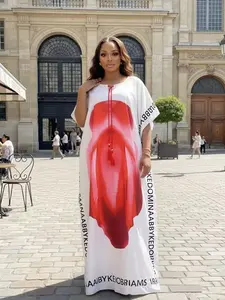 African Style Nigerian Women's Dress, Fringe Loose Casual Daily Print Ethnic Boubou Kaftan, Elegant Plus Size Adjustable Waist, Summer Short Sleeve Beach, Casual Wear Lightweight