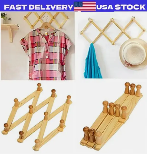 2 Wooden Adjustable Accordion Hanger Coat Rack - Wall-Mounted Home Organizer Hanging Hook for Coats, Hats, Mugs