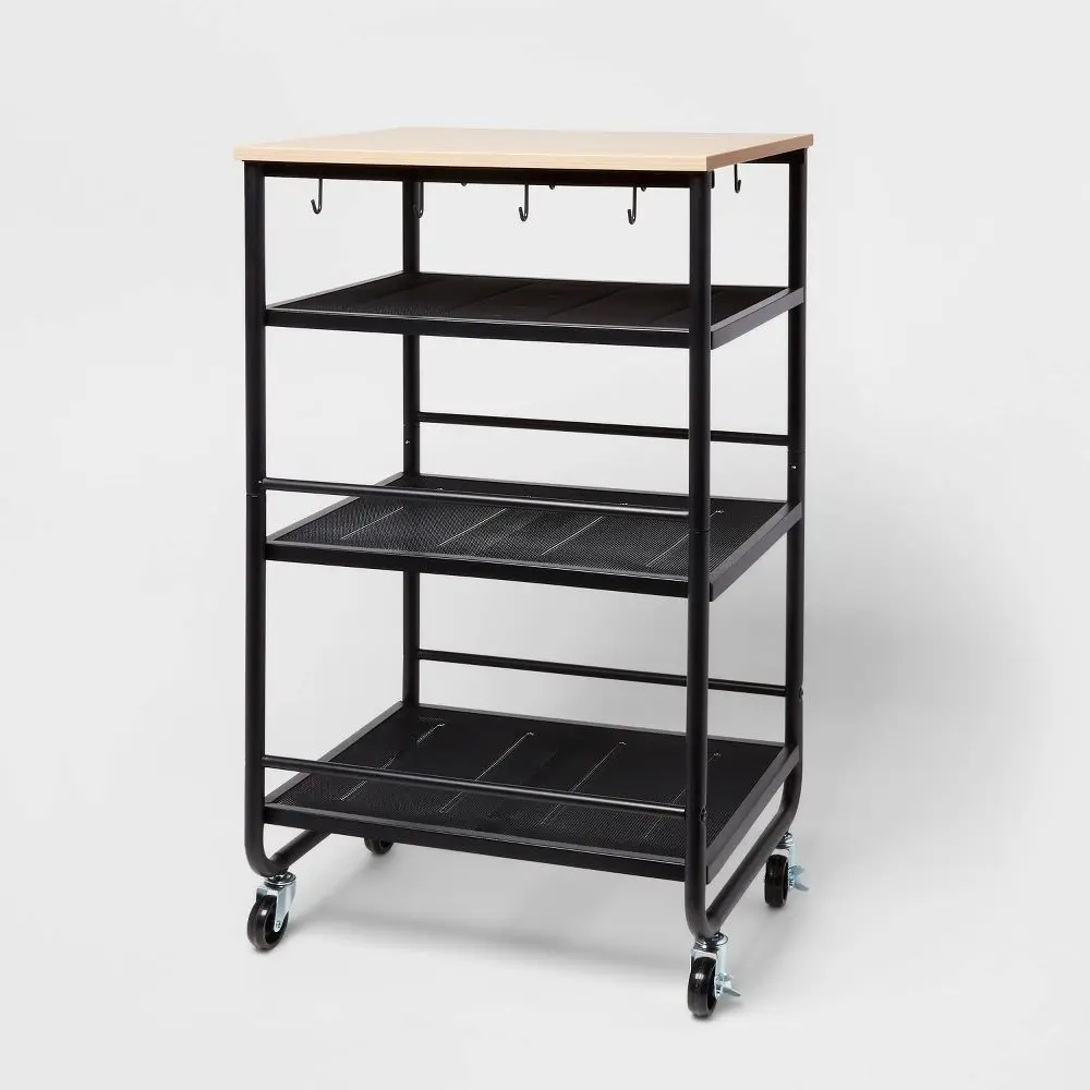 Brightroom Metal-Wooden Bath Organiser, 3-Shelf Rolling Narrow Storage Rack with Hooks
